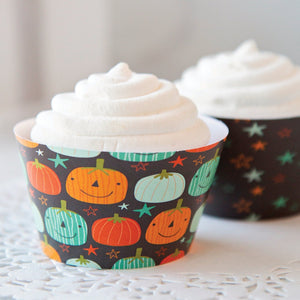 Pumpkins and Stars Halloween Cupcake Wrappers - PRINTABLE cupcake sleeves PDF. Cute jack-o-lanterns in teal, aqua, tomato orange, charcoal.