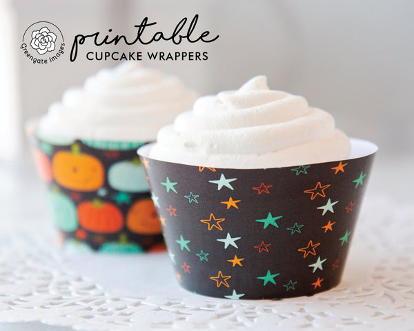 Pumpkins and Stars Halloween Cupcake Wrappers - PRINTABLE cupcake sleeves PDF. Cute jack-o-lanterns in teal, aqua, tomato orange, charcoal.