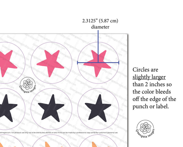 Ghosts and Stars 2" Circle Cupcake Toppers - PRINTABLE toppers/stickers PDF. Happy ghosts on lilac purple background. Multicolored stars.