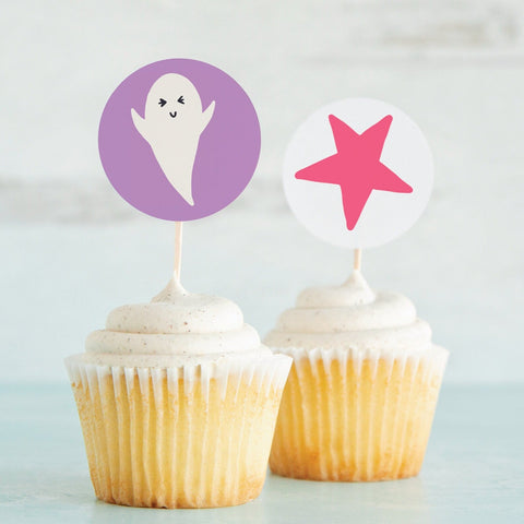 Ghosts and Stars 2" Circle Cupcake Toppers - PRINTABLE toppers/stickers PDF. Happy ghosts on lilac purple background. Multicolored stars.