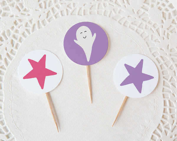 Ghosts and Stars 2" Circle Cupcake Toppers - PRINTABLE toppers/stickers PDF. Happy ghosts on lilac purple background. Multicolored stars.