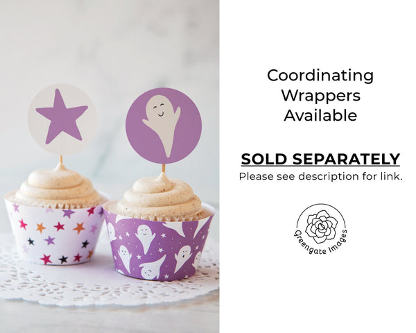 Ghosts and Stars 2" Circle Cupcake Toppers - PRINTABLE toppers/stickers PDF. Happy ghosts on lilac purple background. Multicolored stars.