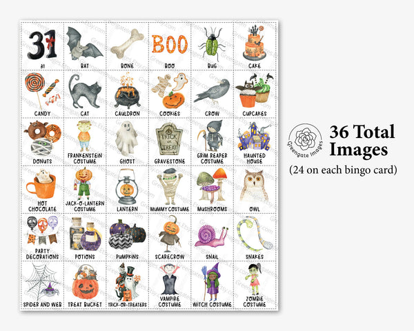 Kids Halloween Bingo - 50 PRINTABLE unique cards w/ child-friendly color pictures and caption/title below each item. Calling cards included.