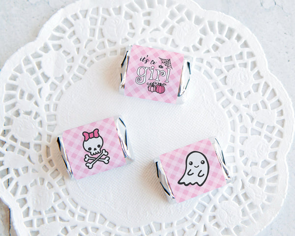 It's a Girl Halloween Nugget Wrappers - PRINTABLE pink labels for wrapping Hershey Nugget Chocolate Candy. Print on address label stickers.
