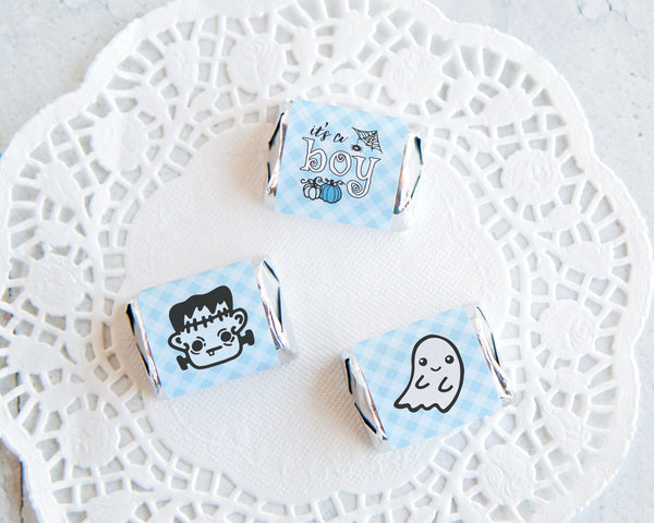 It's a Boy Halloween Nugget Wrappers - PRINTABLE blue labels for wrapping Hershey Nugget Chocolate Candy. Print on address label stickers.