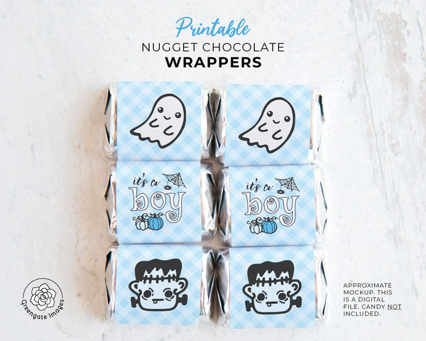 It's a Boy Halloween Nugget Wrappers - PRINTABLE blue labels for wrapping Hershey Nugget Chocolate Candy. Print on address label stickers.