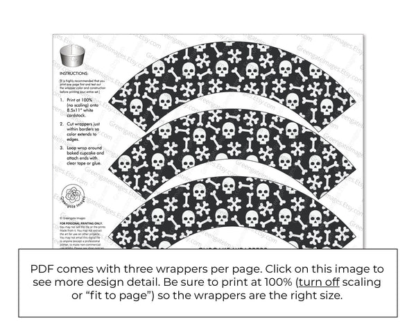 Skulls & Bones Halloween Cupcake Wrappers - PRINTABLE Instant Digital Download PDF. Black background white skeleton pieces. Cute and simple.