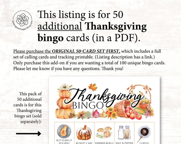 ADD-ON: 50 additional Thanksgiving bingo cards (numbered 51-100) to go with the original game that is sold separately