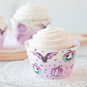 Pastel Bats and Jack-o-Lanterns Halloween Cupcake Wrappers - PRINTABLE cupcake sleeves PDF. Pink, aqua, pale yellow, teal, mint, magenta.