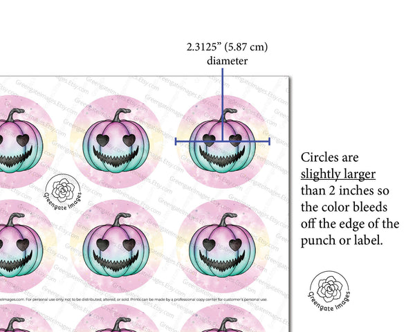 Pastel Bats and Jack-o-Lanterns 2" Circle Cupcake Toppers - PRINTABLE toppers or stickers PDF. Pink, aqua, pale yellow, teal, mint, magenta.