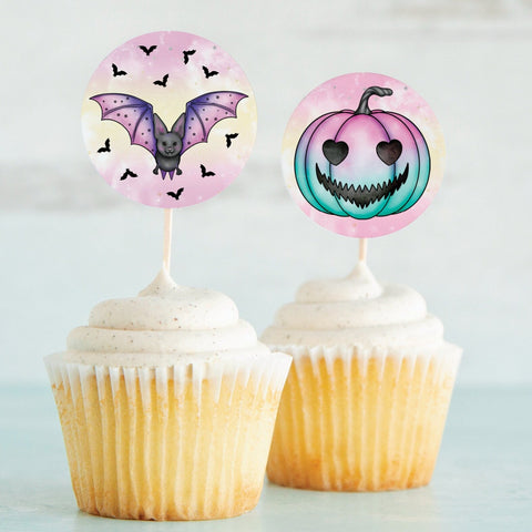 Pastel Bats and Jack-o-Lanterns 2" Circle Cupcake Toppers - PRINTABLE toppers or stickers PDF. Pink, aqua, pale yellow, teal, mint, magenta.