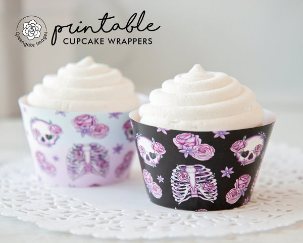 Skulls and Roses Halloween Cupcake Wrappers - PRINTABLE cupcake sleeves PDF. Black, pink, aqua blue. Cute and feminine for bridal shower.