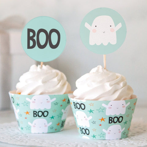 Teal Ghosts Halloween Cupcake Wrapper/Topper Set - PRINTABLE sleeves + 2 inch circular toppers in aqua mint coloring with ghosts and "boo."