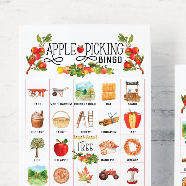 Apple Picking Bingo Cards: PRINTABLE bingo with labeled pictures. 50 cards with calling cards in a PDF. Fall farm game, autumn activity.