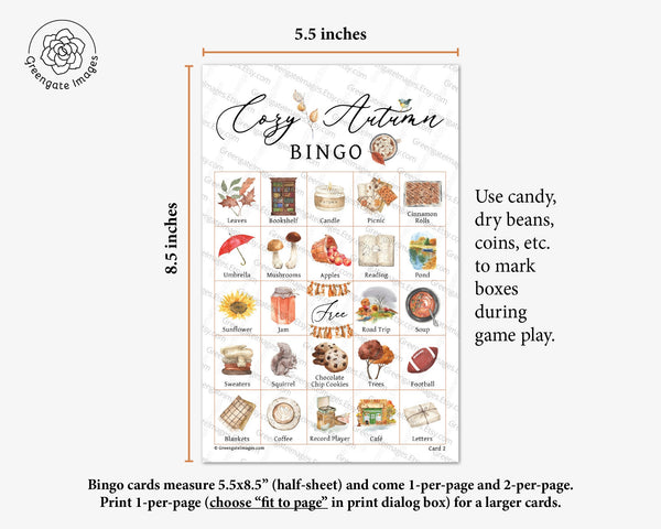 Cozy Autumn Bingo Cards - 50 PRINTABLE unique bingo cards with labeled pictures. Calling cards in a PDF. Clean adult game & fall activity.