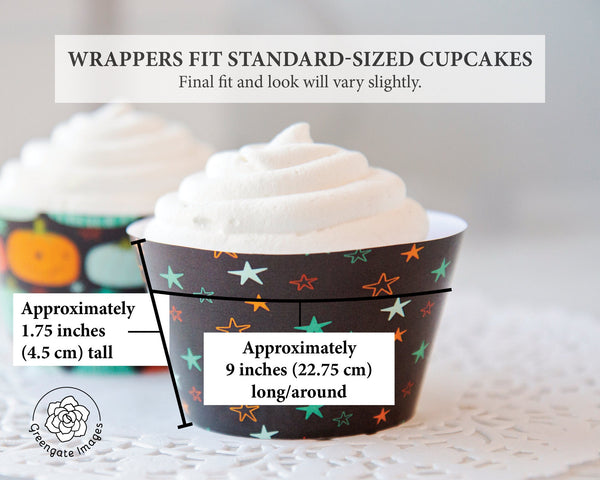 Pumpkins and Stars Halloween Cupcake Wrappers - PRINTABLE cupcake sleeves PDF. Cute jack-o-lanterns in teal, aqua, tomato orange, charcoal.