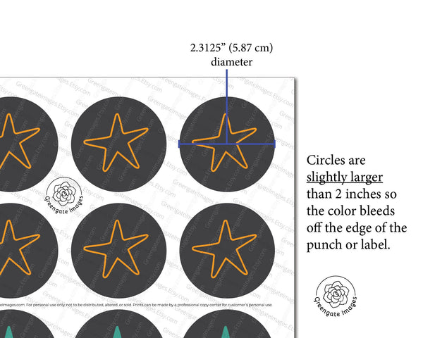 Pumpkins and Stars 2" Circle Cupcake Toppers - PRINTABLE toppers/stickers PDF. Jack-o-lanterns in teal, aqua, tomato orange, yellow-orange.