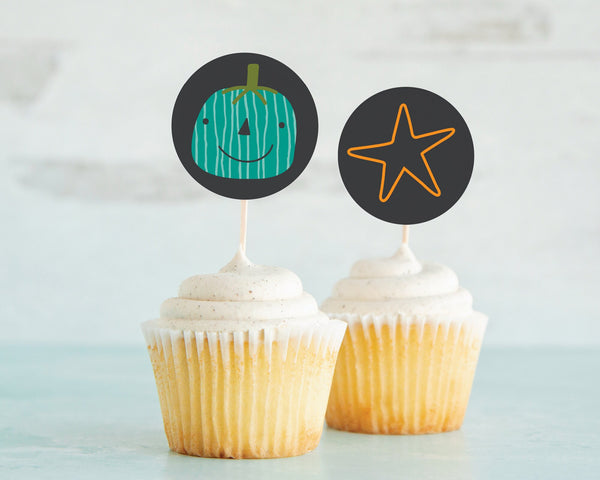 Pumpkins and Stars 2" Circle Cupcake Toppers - PRINTABLE toppers/stickers PDF. Jack-o-lanterns in teal, aqua, tomato orange, yellow-orange.