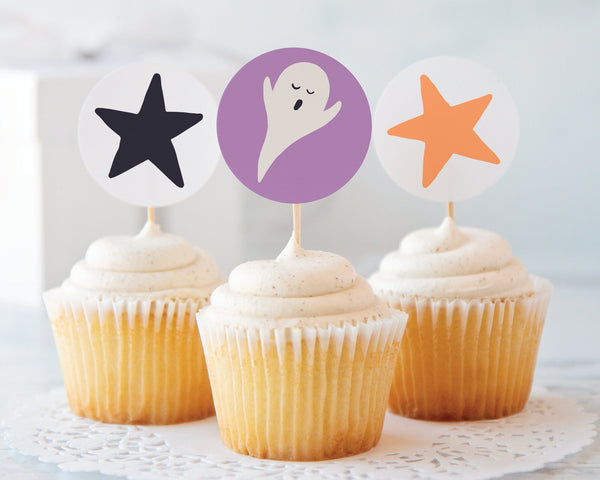 Ghosts and Stars 2" Circle Cupcake Toppers - PRINTABLE toppers/stickers PDF. Happy ghosts on lilac purple background. Multicolored stars.