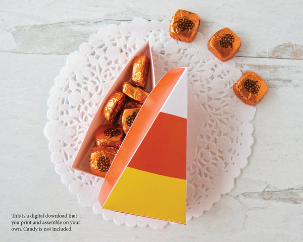 Candy Corn Halloween Gift Box PRINTABLE PDF - Cute simple design, instant digital download. Perfect for small gift giving, favors, & treats.