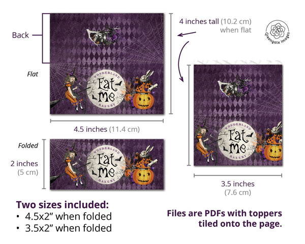 Halloween Alice Cookie Pouch Topper - PRINTABLE foldover bag label. 4.5 and 3.5 inches wide. Small loot bag tag with Wonderland theme.