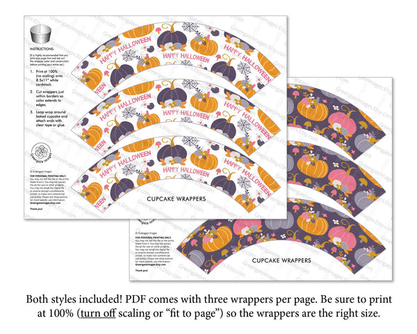 Purple Pumpkins Halloween Cupcake Wrappers - PRINTABLE cupcake sleeves PDF. Pretty botanical floral wrapper duo with "Happy Halloween."