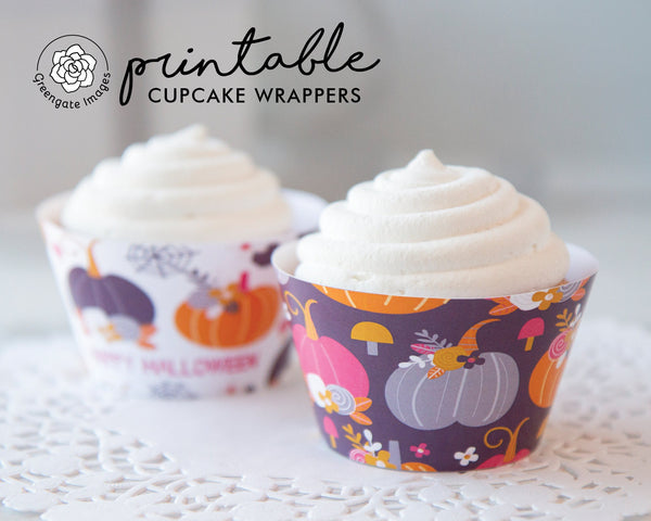 Purple Pumpkins Halloween Cupcake Wrappers - PRINTABLE cupcake sleeves PDF. Pretty botanical floral wrapper duo with "Happy Halloween."