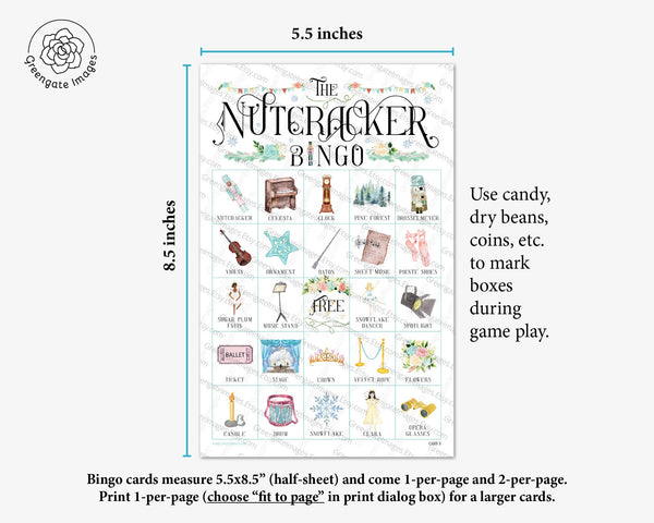 Nutcracker Bingo Cards - 50 PRINTABLE unique cards depicting elements from The Nutcracker ballet. Fun activity game idea for kids & adults.