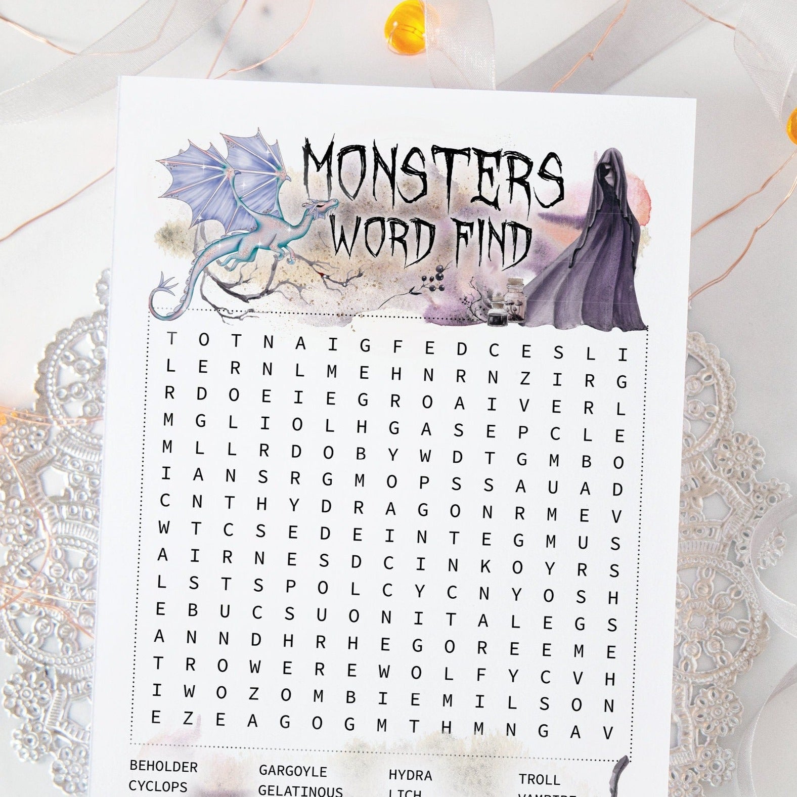 Monsters Word Find - PRINTABLE downloadable activity. Halloween word search with mythical and fantasy monsters. Beautiful artwork aesthetic.