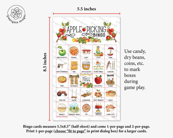 Apple Picking Bingo Cards: PRINTABLE bingo with labeled pictures. 50 cards with calling cards in a PDF. Fall farm game, autumn activity.