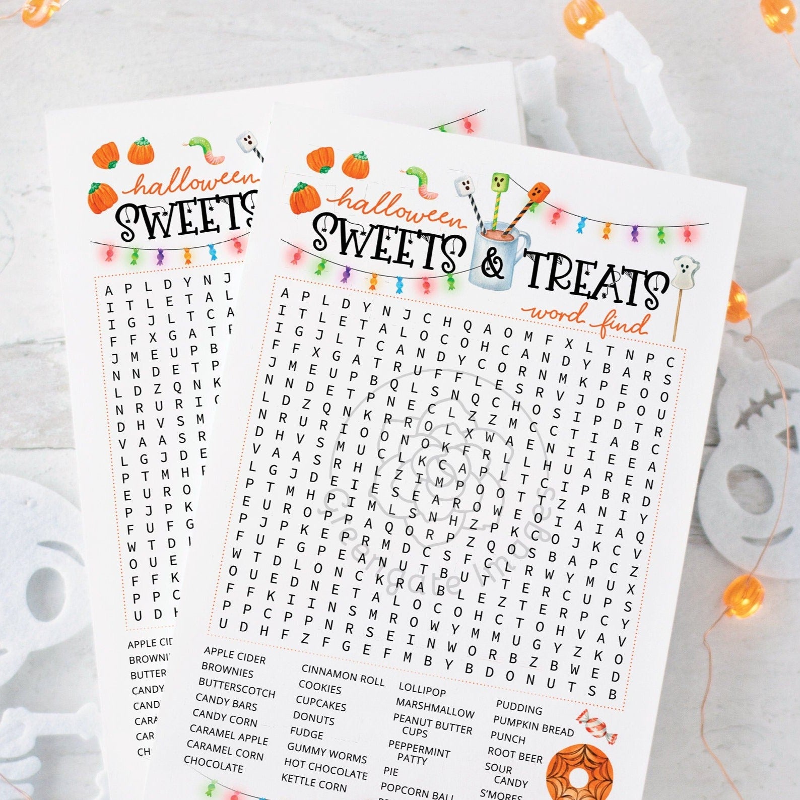 Halloween Sweets Word Find - PRINTABLE downloadable activity. Cute word search for guests, adults & older kids. Cheerful colorful artwork.