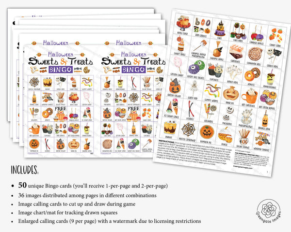 Halloween Sweets Bingo - 50 PRINTABLE unique cards w/ child-friendly color pictures & caption/title below each item. Calling card included.
