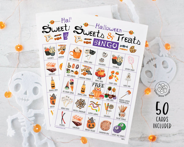 Halloween Sweets Bingo - 50 PRINTABLE unique cards w/ child-friendly color pictures & caption/title below each item. Calling card included.