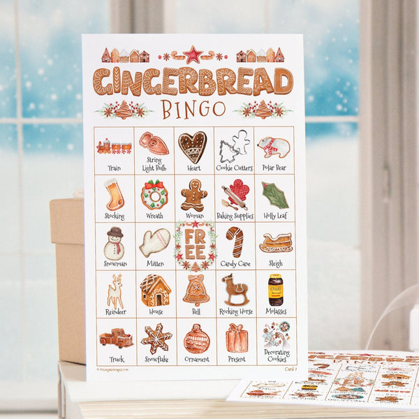Gingerbread Bingo Cards - 50 PRINTABLE unique cards, download, senior citizen activity, children game all ages, labeled cute color pictures