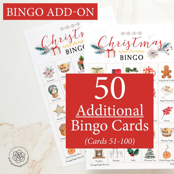 ADD-ON: 50 additional Cozy Christmas Bingo cards (numbered 51-100) to go with the original game that is sold separately