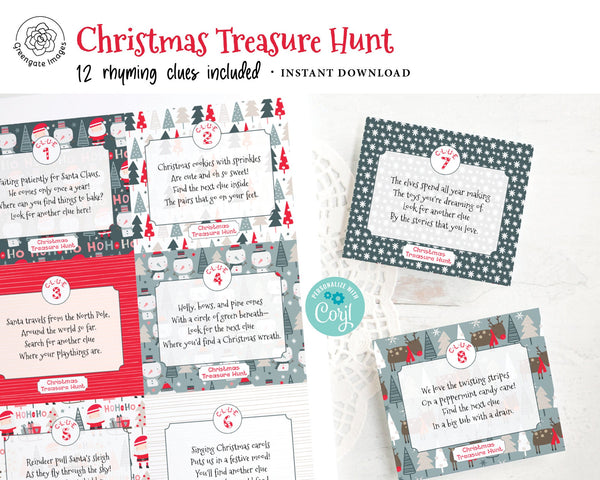 Christmas Treasure Hunt - 12 Rhyming Clues. PRINTABLE Corjl template download. Kids non-religious activity, fun game ideas, customize text.