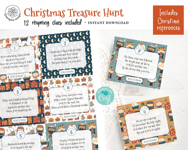 Advent/Christmas Treasure Hunt - 12 Rhyming Clues PRINTABLE Corjl template download. Kids Christian nativity, fun game idea, customize text.