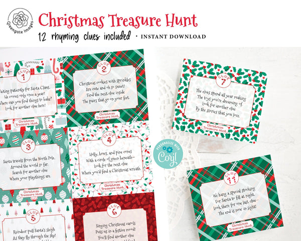 Christmas Treasure Hunt - 12 Rhyming Clues. PRINTABLE Corjl template download. Kids non-religious activity, fun game ideas, customize text.