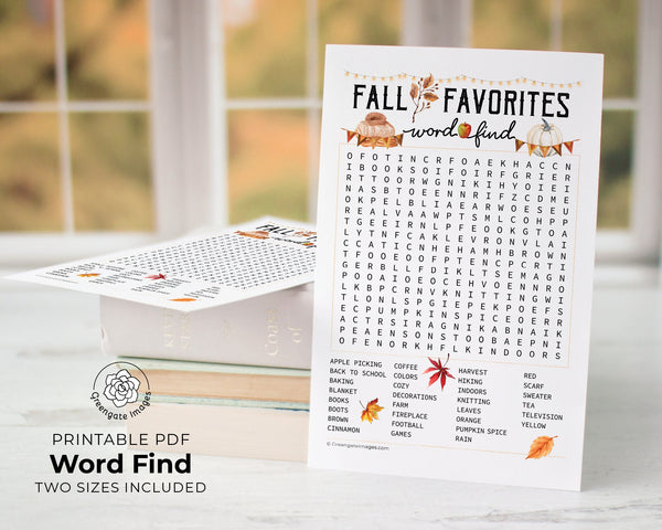 Fall Word Find - PRINTABLE downloadable activity. Autumn word search for guests, adults & older kids. Beautiful colorful artwork aesthetic.