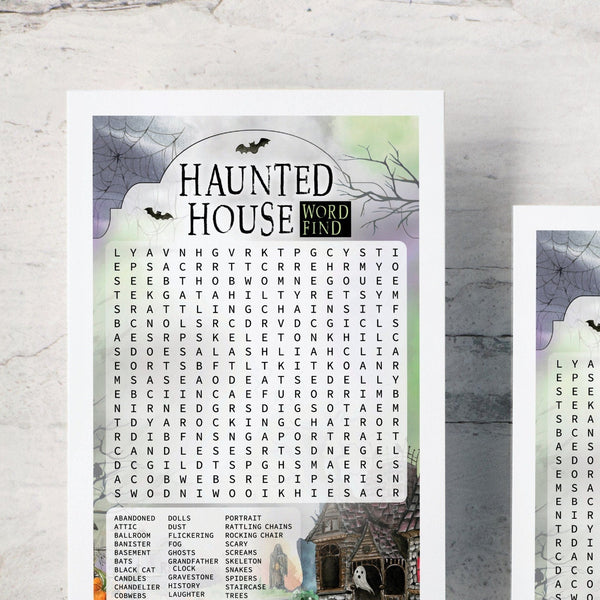 Haunted House Word Find - PRINTABLE downloadable activity. Halloween word search for older kids, teenagers, adults. Spooky, creepy artwork.