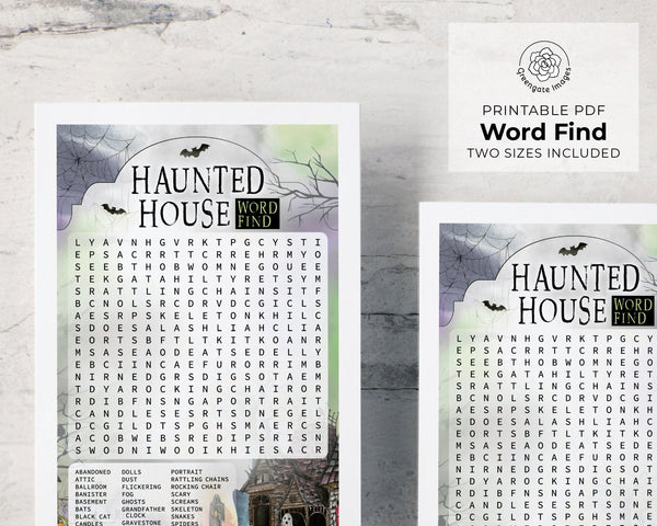 Haunted House Word Find - PRINTABLE downloadable activity. Halloween word search for older kids, teenagers, adults. Spooky, creepy artwork.
