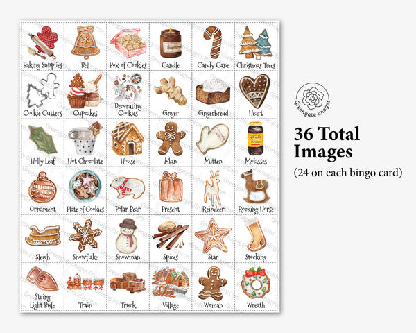 Gingerbread Bingo Cards - 50 PRINTABLE unique cards, download, senior citizen activity, children game all ages, labeled cute color pictures