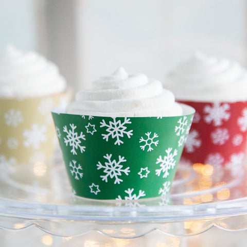 Snowflake Christmas Cupcake Wrapper Trio - PRINTABLE instant download PDF. Vibrant winter sleeves for gifts, parties, baby & bridal showers.