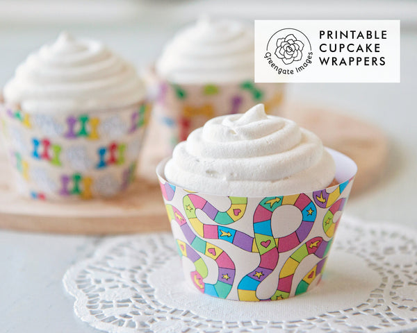 Tan Board Game Cupcake Wrapper Trio - PRINTABLE instant download PDF. Beige with colorful game elements: markers, dice, and path/trails.