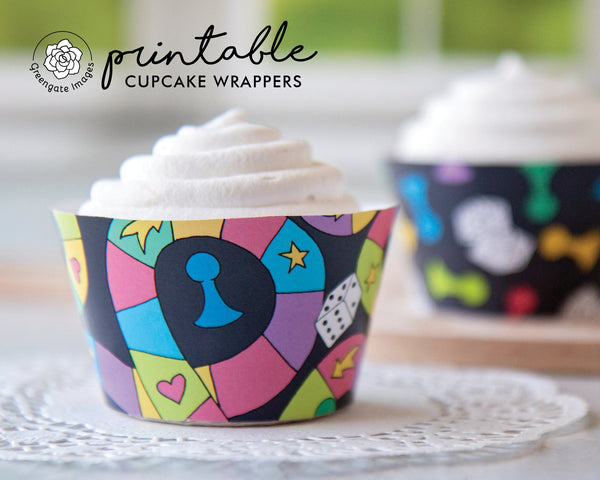 Dark Board Game Cupcake Wrapper Duo - PRINTABLE instant download PDF. Charcoal with colorful game elements: markers, dice, and path/trails.