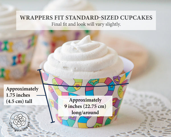 BUNDLE Board Game Cupcake Wrappers - PRINTABLE instant download PDF. Colorful game elements: markers, dice, path/trails for game day treats.