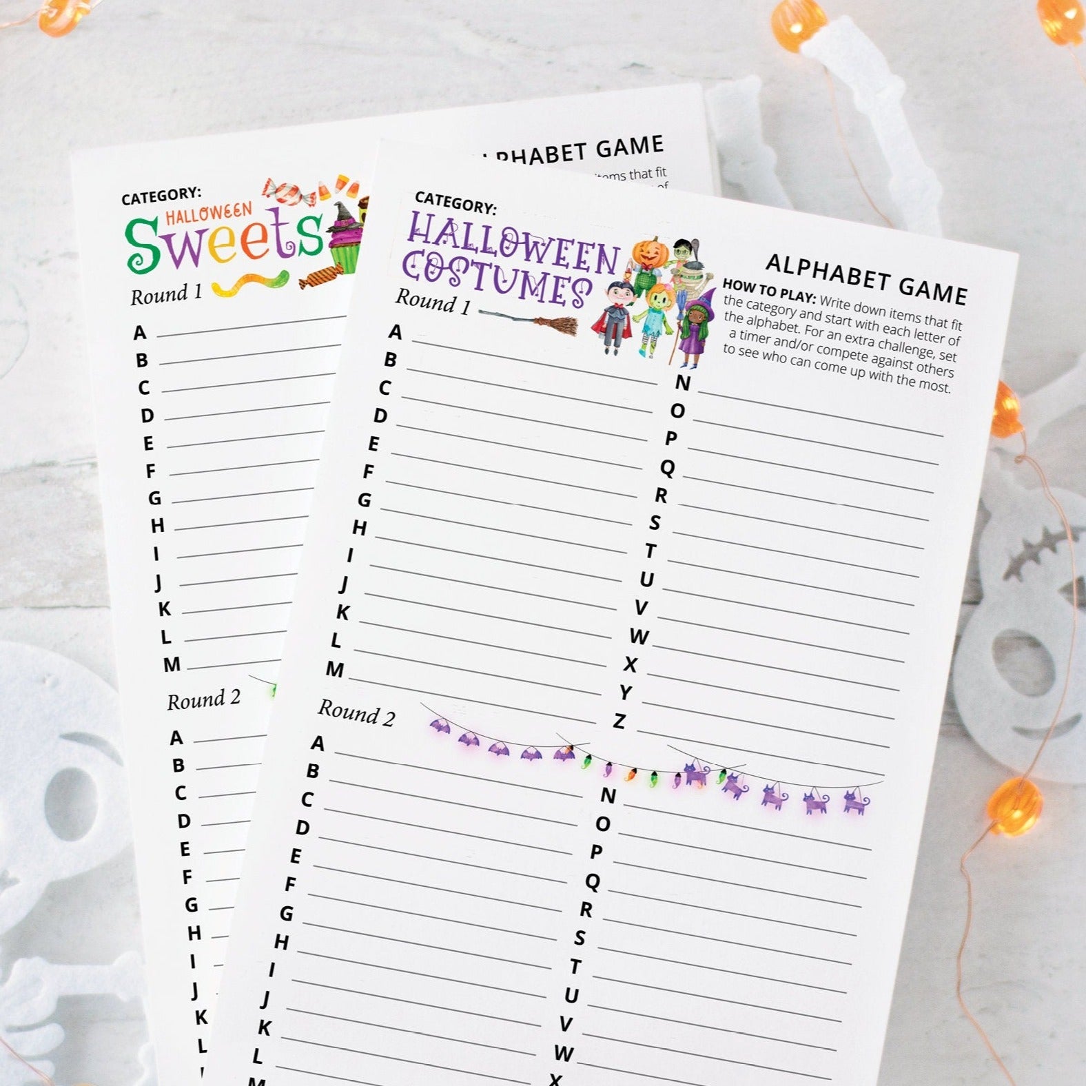 Halloween Alphabet Game 4-Pack - PRINTABLE downloadable activity. Cute, fun word games for guests, adults & older kids. Colorful artwork.