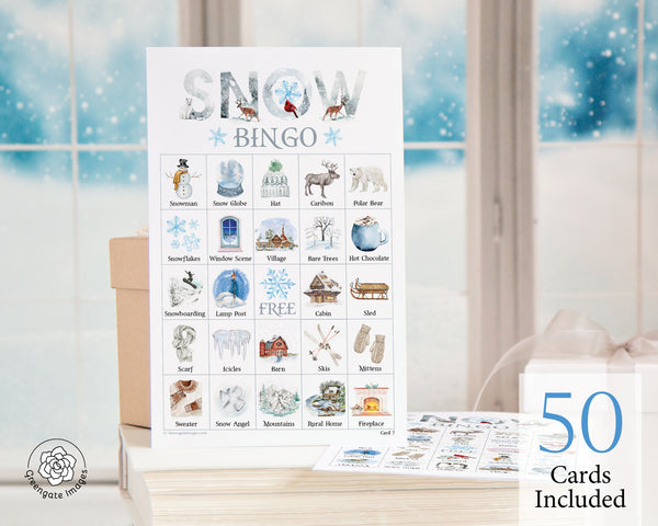 Snow Bingo Cards: Printable bingo, 50 cards, senior citizen activity, kids game, birthday idea, winter bingo w beautiful labeled pictures