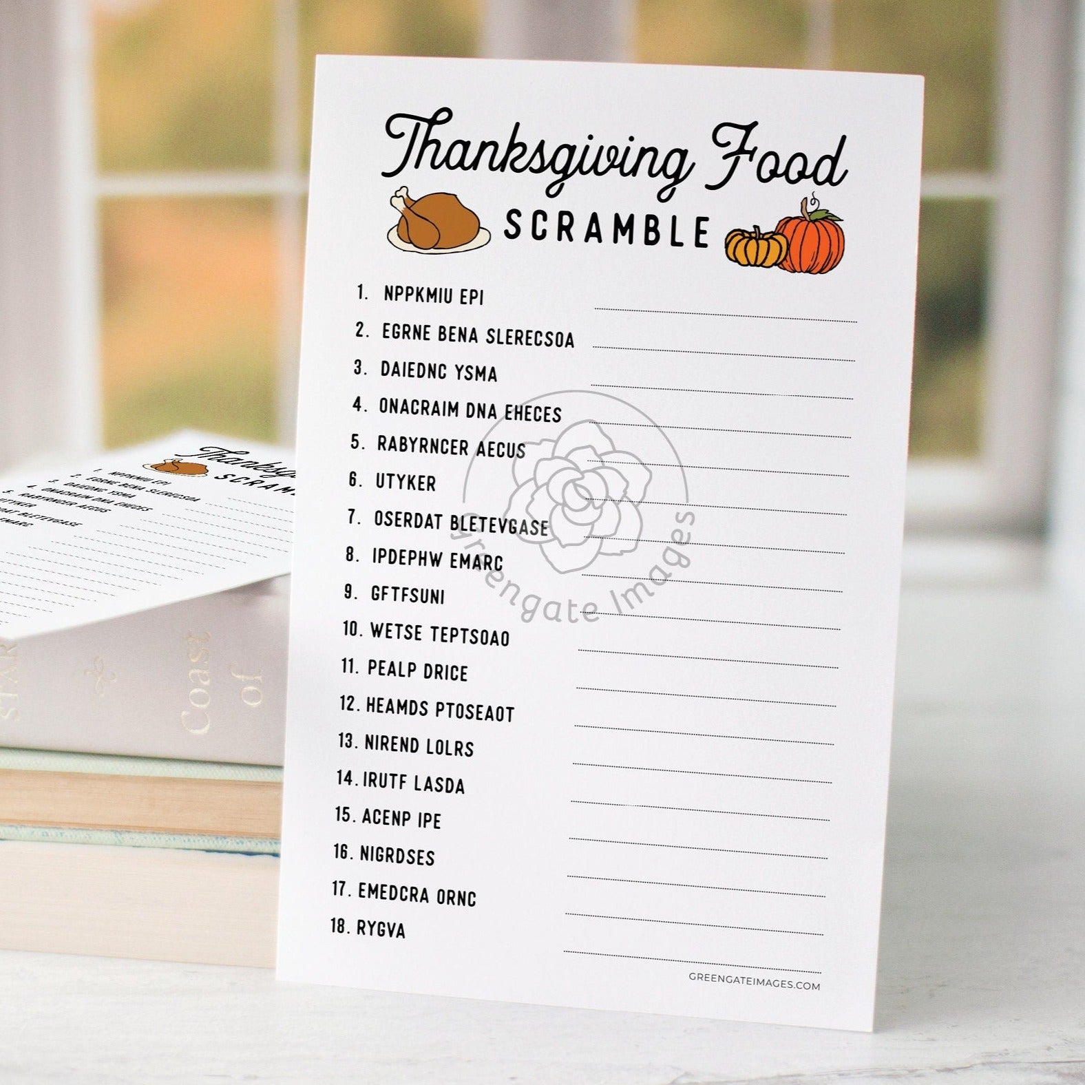 Thanksgiving Food Word Scramble - PRINTABLE downloadable activity. Word game guests, adults & older kids. Large print, color or black/white.