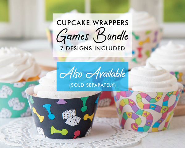 Dark Board Game Cupcake Wrapper Duo - PRINTABLE instant download PDF. Charcoal with colorful game elements: markers, dice, and path/trails.